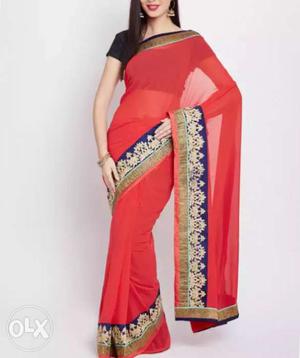 New Red Floral Sari new one georgette
