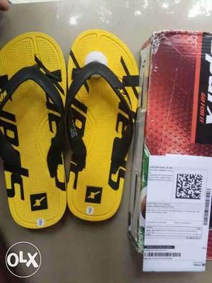 Pair Of Black-and-yellow Rubber Flip Flops With Box