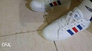 Pair Of White-blue-and-red Adidas Sneakers