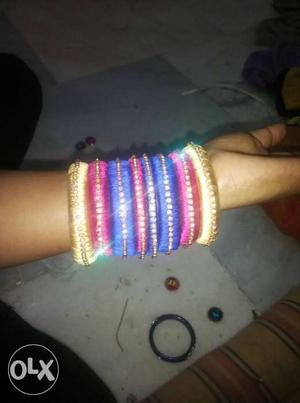Pink, Blue And Beige Silk Thread Bangle