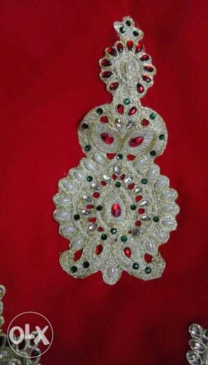 Red, Green, And Silver Beaded Decorative Textile