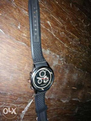 Round Black Chronograph Watch With Black Rubber Strap
