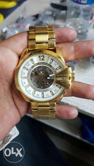 Round Gold Diesel Chronograph Watch With Gold Link Bracelet