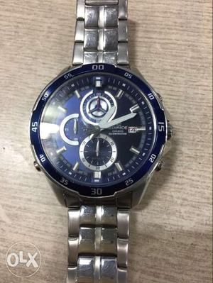 Round Silver Casio Edifice Chronograph Watch With Chain Link