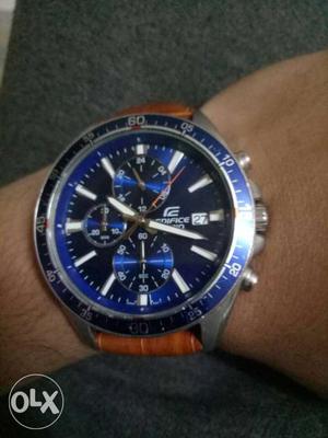 Silver Blue Casio Edifice Chronograph Watch Red Leather
