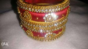 Two Diamond Embellished, Yellow And Red Silk Thread Bangles