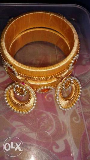 Two Gold Silk Thread Bangles With Pair Of Silk Thread