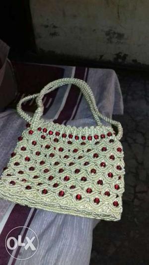 White And Red Knit Tote Bag