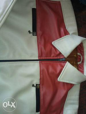 White And Red Leather Zipped Jacket