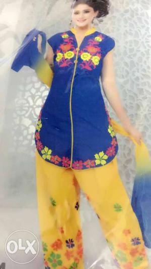 Women's Blue, Red And Yellow Floral Salwar Kameez
