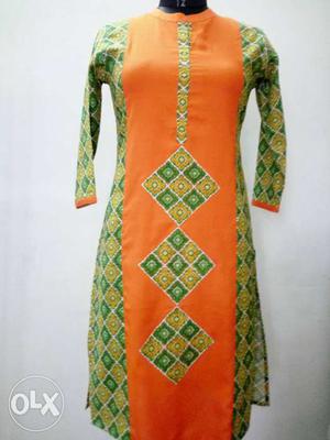 Women's Orange And Green Long Sleeve Dress