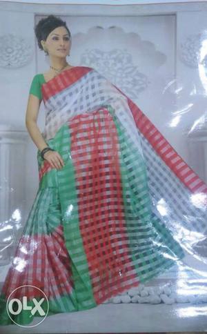 Women's Red, Green And White Sari
