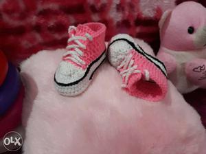 Baby's Pair Of Pink And White Knitted Sneakers