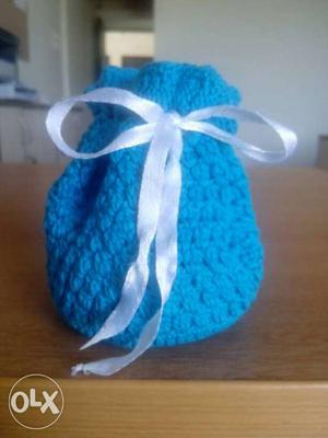 Blue Knitted Drawstring Pouch for kids and ladies