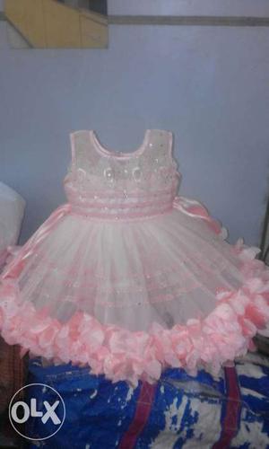 Girl's Pink And White Sleeveless Dress