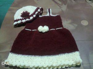 Girl's Purple And White Knitted Dress And Hat Set