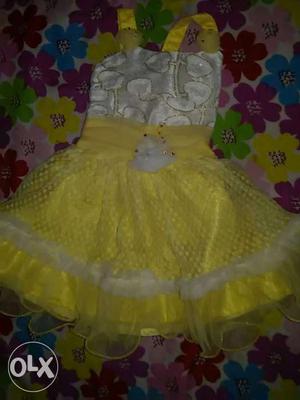 Girl's White And Yellow Sleeveless Dress