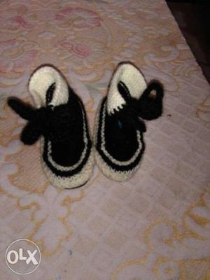 Pair Of Girl's White-and-black Knit Shoes