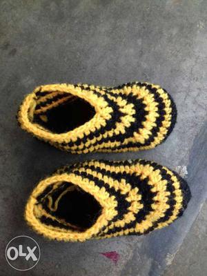 Pair Of Yellow-and-black Knitted Shoes