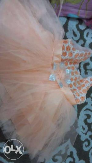 Peach color party wear frock for 6 month babies