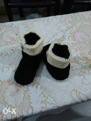 Toddler's Pair Of Black And White Crochet Shoes
