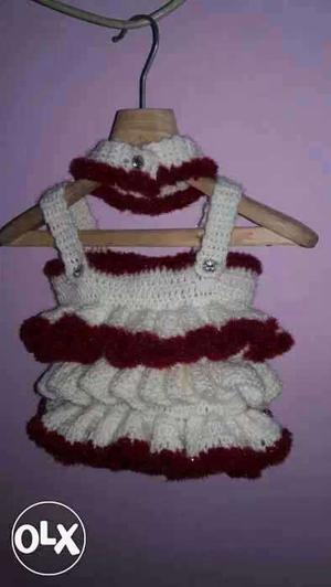 Toddler's White And Red Crochet Halter Neck Layered Mini
