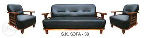 3+1+1 Black Leather Sofa Set With Brown Wooden Base