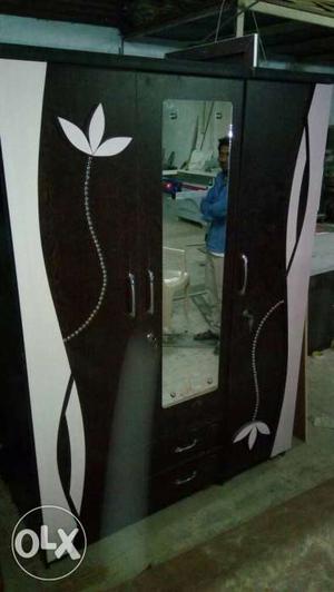 Black And White Wooden Floral Cabinet With Mirror
