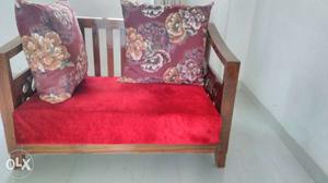 Brown Wooden Frame Red Velvet Pad Sofa And Pillow Set