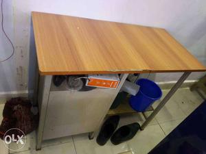 Rectangular Brown Wooden Desk With Gray Metal Base
