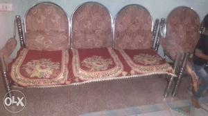 Red And Brown Floral Fabric 3-seat Couch