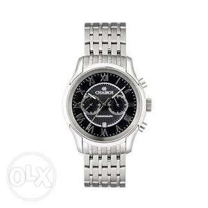 Black Face Chronograph Watch With Silver Link