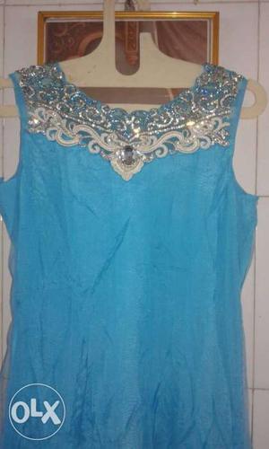 Blue And Silver Foliage Sleeveless Top
