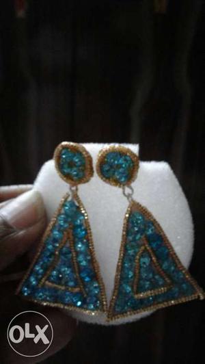 Blue Gemstone Inlay Gold Dangle Earrings