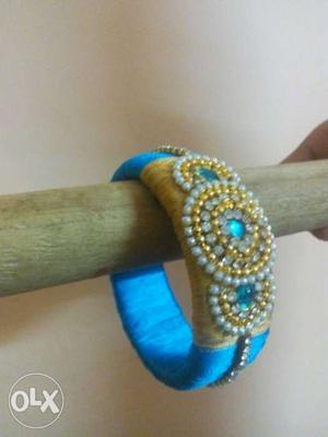 Blue, Yellow And Diamond Beaded Thread Bangle