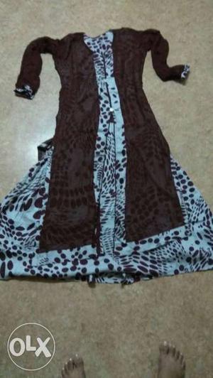 Brown And White Long-sleeve Long Dress