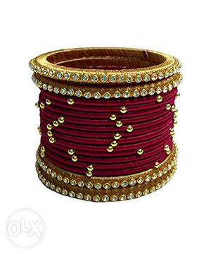Diamond And Gold Embellished Maroon And Beige Bangle