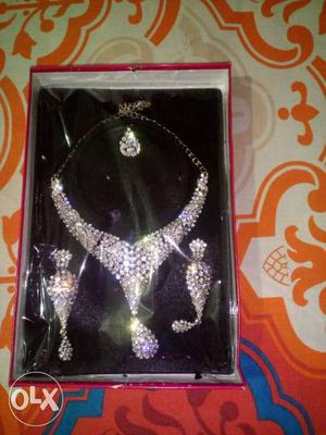 Diamond Embellished Bib Necklace And Pair Of Earrings In Box
