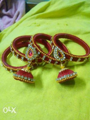 Four Red Beaded Silk Thread Bangles And Pair Of Jhumka