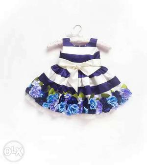 Girl's Blue, White, Green, And Purple Stripe Floral