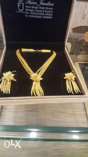 Gold Floral Necklace With Pair Of Drop Earrings In Box