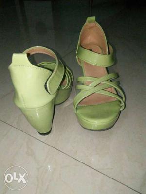 Green Leather Strappy Open Toe Ankle Strap Platform Chunky