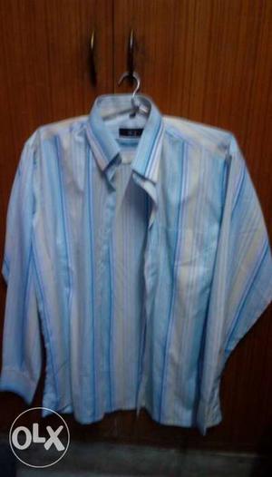 Men's Blue, White And Yellow Pinstripe Dress Shirt