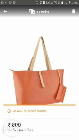 Orange And Beige Leather Tote Bag
