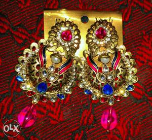 Pair Of Gold Blue And Red Beaded Earrings