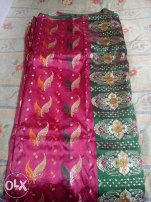 Pink, Green, And White Floral sari