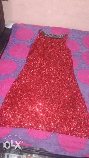 Red Glittered Sleeveless Midi Dress