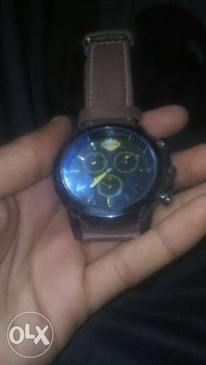 Round Black Chronograph Watch With Brown Leathgr Strap