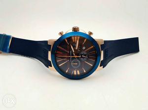 Round Black Leather Strap Gold And Blue Framed Chronograph