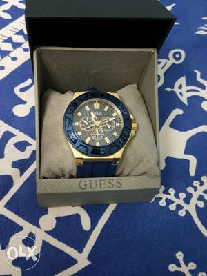 Round Gold Guess Chronograph Watch With Link Strap In Box